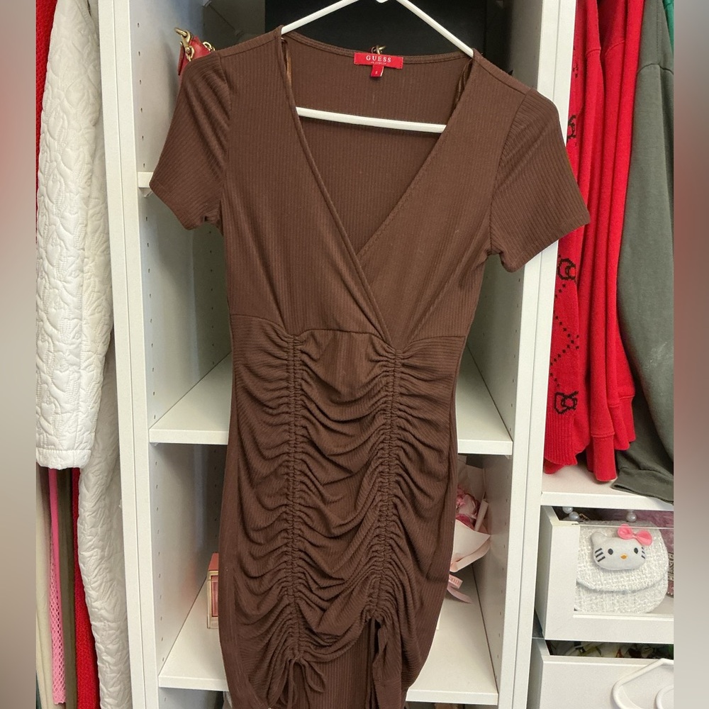Guess Chocolate Brown Ruched Mini Dress